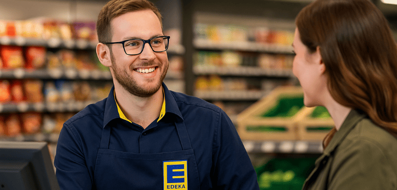 Ein EDEKA-Mitarbeiter bedient einen Kunden.