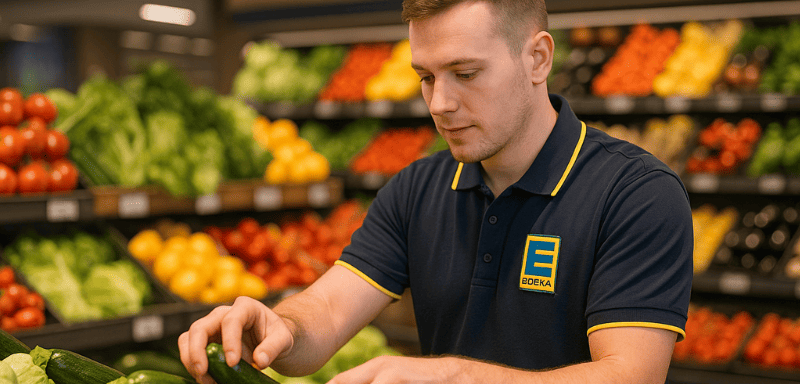 Ein EDEKA-Mitarbeiter arbeitet.